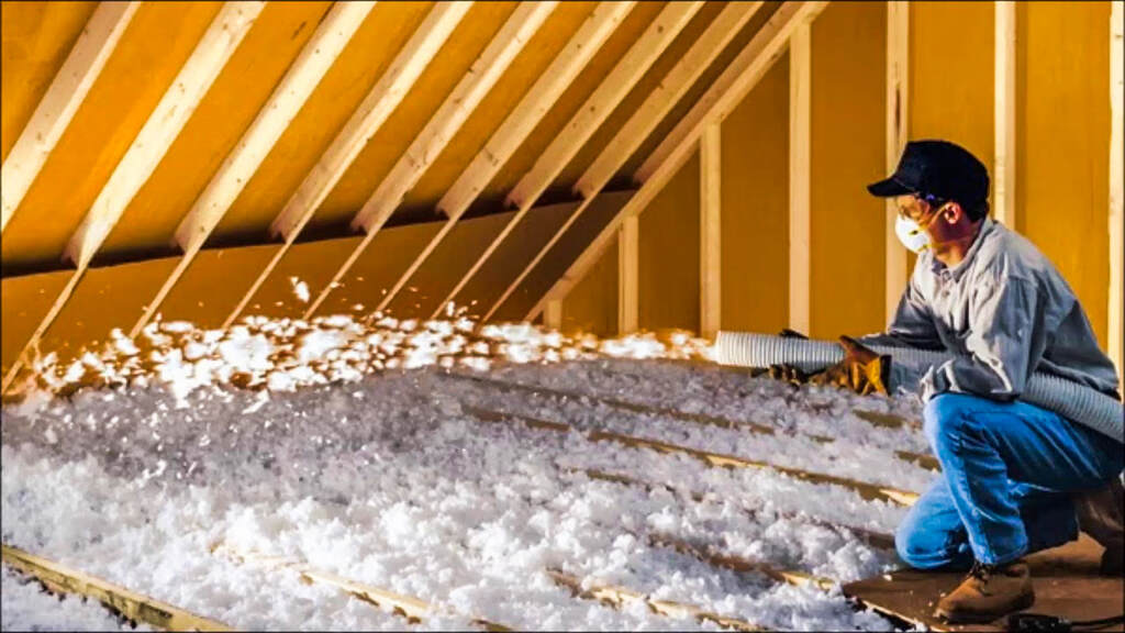 The man insulates the attic of the house with mineral wool